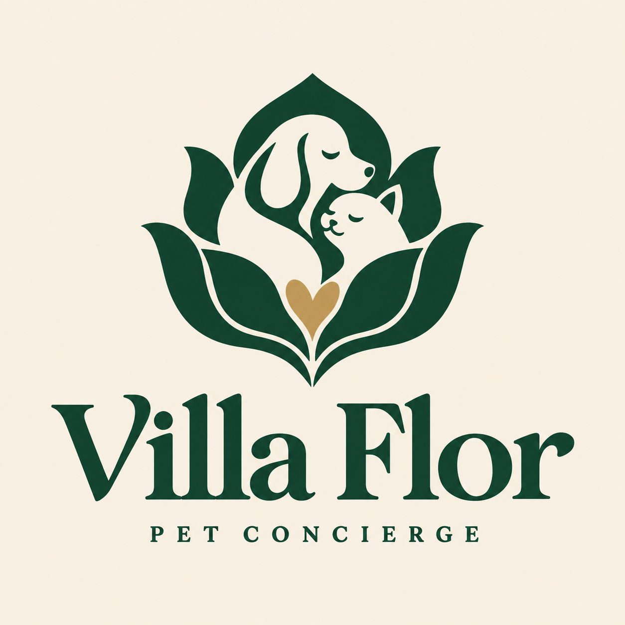 Villa Flor Pet Concierge, a dog and cat sheltered by a flower with a golden heart
